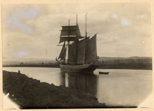The Rise of Denmark in full sail on the River Nith. From the collection of the Dumfries Museum